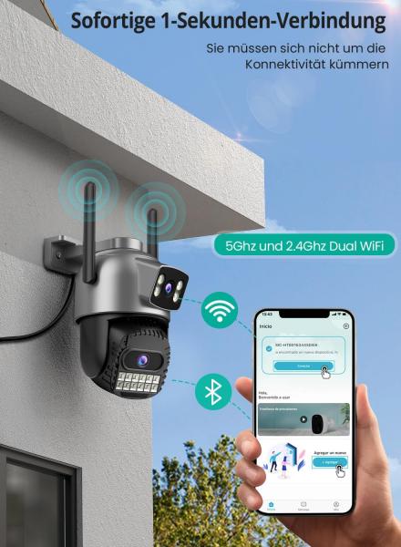 2,5K-Außenkamera – 2,4/5-GHz-WLAN-360°-PTZ-Überwachungskamera mit Dual-Objektiv, Farbnachtsicht, intelligenter Verfolgung, Zwei-Wege-Audio, kostenlosem Cloud-Speicher und Schutzart IP66