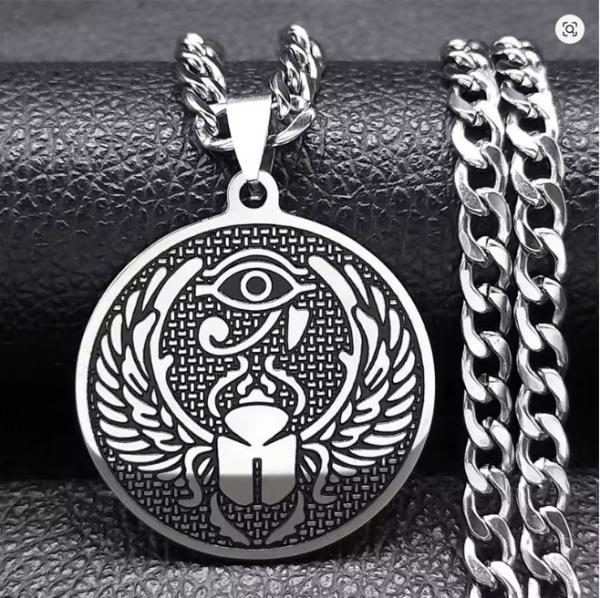 Halskette mit Horusauge und Skarabäus-Mistkäfer-Amulett für Damen und Herren, Edelstahl, ägyptischer Anhänger, runder Schmuck