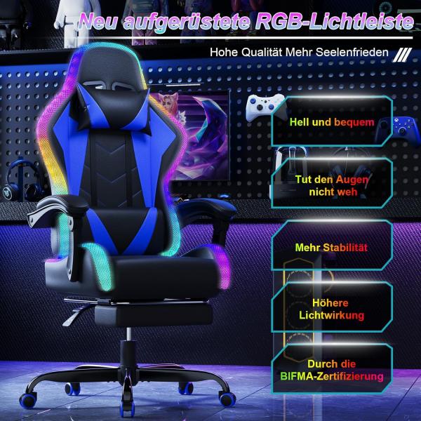 LED-Gaming-Stuhl – Ergonomischer Bürostuhl mit Massagefunktion und Teleskop-Fußstütze, verstellbarer Rückenlehne (90–135°), für Gamer bis 150 kg, augenschonendes Design, Blau