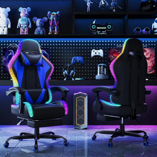 LED-Gaming-Stuhl – Ergonomischer Bürostuhl mit Massagefunktion und Teleskop-Fußstütze, verstellbarer Rückenlehne (90–135°), für Gamer bis 150 kg, augenschonendes Design, Blau