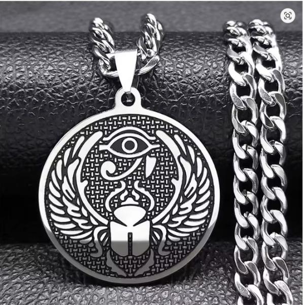Halskette mit Horusauge und Skarabäus-Mistkäfer-Amulett für Damen und Herren, Edelstahl, ägyptischer Anhänger, runder Schmuck