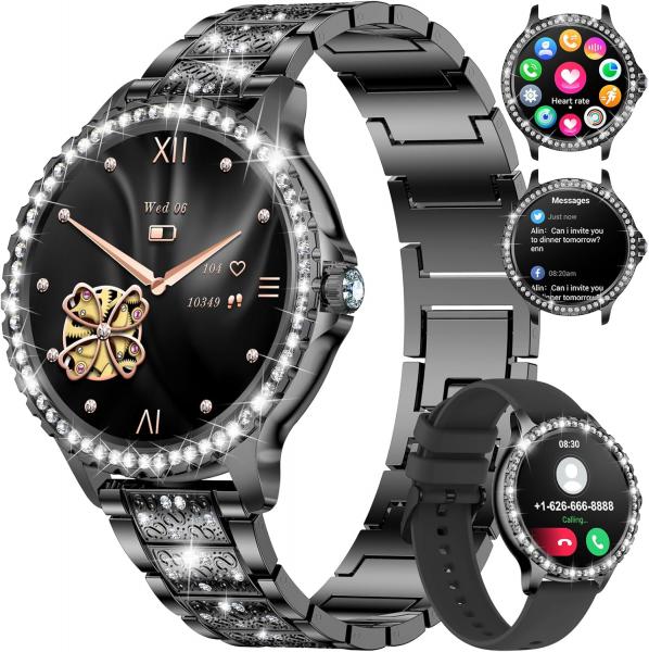 Damen-Smartwatch mit Bluetooth-Anruffunktion für Android und iOS, 1,32 Zoll HD-Touchscreen, Diamant-Design, schwarzem Edelstahl, Herzfrequenzmesser, Schlafüberwachung, Schrittzähler, Kalorienzähler (über 100 kcal), sportlich-elegant