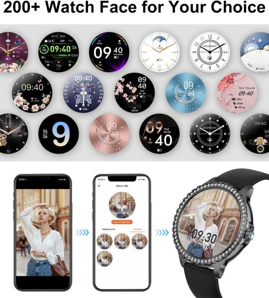 Damen-Smartwatch mit Bluetooth-Anruffunktion für Android und iOS, 1,32 Zoll HD-Touchscreen, Diamant-Design, schwarzem Edelstahl, Herzfrequenzmesser, Schlafüberwachung, Schrittzähler, Kalorienzähler (über 100 kcal), sportlich-elegant