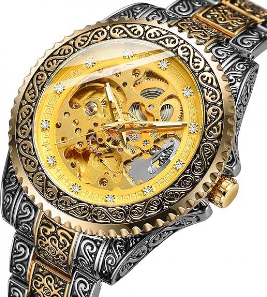 FORSINING Mechanische Herrenuhr, wasserdicht, graviert, Skelett-Automatikwerk, Edelstahl, Armband