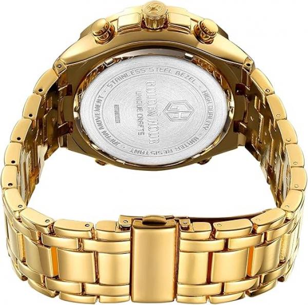 Luxuriöse Herrenuhr aus Edelstahl, robustes Bullet-Sport-Chronographen-Design, wasserdicht, zweifarbig, goldfarben, Datumsanzeige, Alarm, Multifunktionsanzeige (analog/digital)