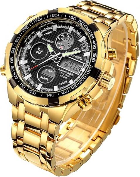 Luxuriöse Herrenuhr aus Edelstahl, robustes Bullet-Sport-Chronographen-Design, wasserdicht, zweifarbig, goldfarben, Datumsanzeige, Alarm, Multifunktionsanzeige (analog/digital)