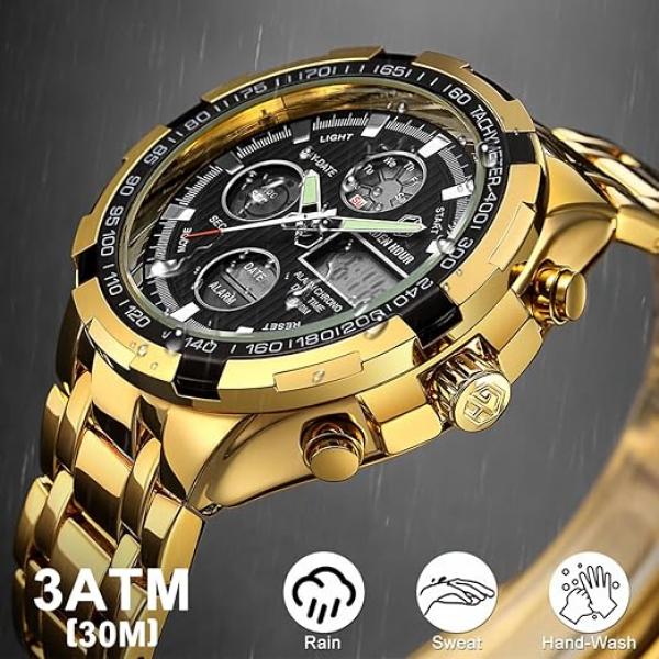 Luxuriöse Herrenuhr aus Edelstahl, robustes Bullet-Sport-Chronographen-Design, wasserdicht, zweifarbig, goldfarben, Datumsanzeige, Alarm, Multifunktionsanzeige (analog/digital)