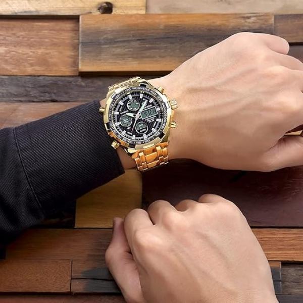 Luxuriöse Herrenuhr aus Edelstahl, robustes Bullet-Sport-Chronographen-Design, wasserdicht, zweifarbig, goldfarben, Datumsanzeige, Alarm, Multifunktionsanzeige (analog/digital)