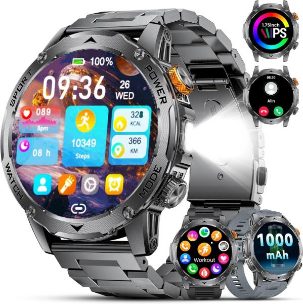 Militär-Smartwatch für Herren mit 1000 mAh Akku, großem 1,75-Zoll-HD-Touchscreen, LED-Beleuchtung, 3 Armbändern, über 110 Sportmodi, Herzfrequenz- und Schlafüberwachung, IP68 wasserdicht, kompatibel mit iOS und Android
