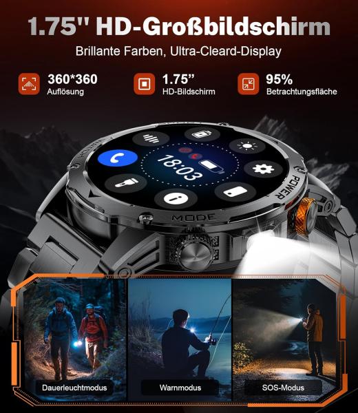 Militär-Smartwatch für Herren mit 1000 mAh Akku, großem 1,75-Zoll-HD-Touchscreen, LED-Beleuchtung, 3 Armbändern, über 110 Sportmodi, Herzfrequenz- und Schlafüberwachung, IP68 wasserdicht, kompatibel mit iOS und Android