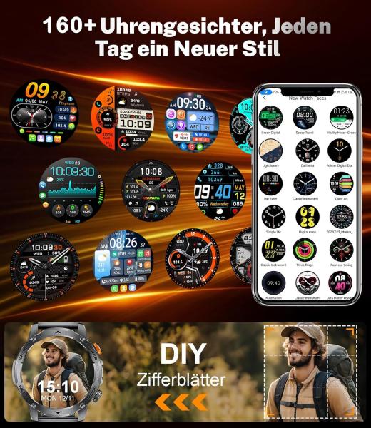 Militär-Smartwatch für Herren mit 1000 mAh Akku, großem 1,75-Zoll-HD-Touchscreen, LED-Beleuchtung, 3 Armbändern, über 110 Sportmodi, Herzfrequenz- und Schlafüberwachung, IP68 wasserdicht, kompatibel mit iOS und Android