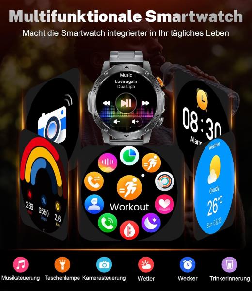 Militär-Smartwatch für Herren mit 1000 mAh Akku, großem 1,75-Zoll-HD-Touchscreen, LED-Beleuchtung, 3 Armbändern, über 110 Sportmodi, Herzfrequenz- und Schlafüberwachung, IP68 wasserdicht, kompatibel mit iOS und Android