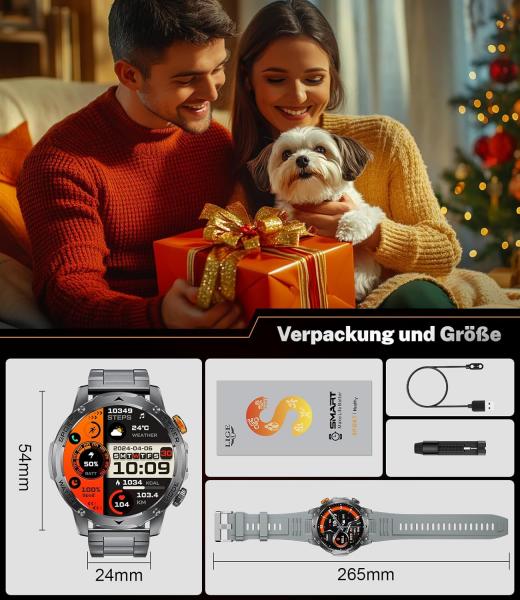 Militär-Smartwatch für Herren mit 1000 mAh Akku, großem 1,75-Zoll-HD-Touchscreen, LED-Beleuchtung, 3 Armbändern, über 110 Sportmodi, Herzfrequenz- und Schlafüberwachung, IP68 wasserdicht, kompatibel mit iOS und Android
