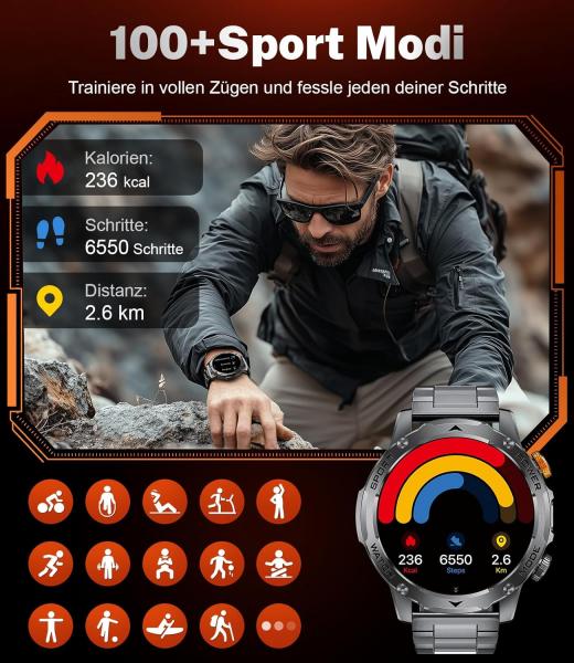 Militär-Smartwatch für Herren mit 1000 mAh Akku, großem 1,75-Zoll-HD-Touchscreen, LED-Beleuchtung, 3 Armbändern, über 110 Sportmodi, Herzfrequenz- und Schlafüberwachung, IP68 wasserdicht, kompatibel mit iOS und Android