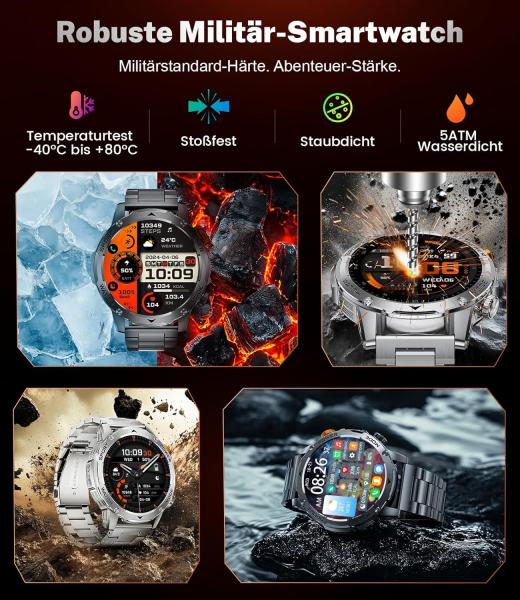 Militär-Smartwatch für Herren mit 1000 mAh Akku, großem 1,75-Zoll-HD-Touchscreen, LED-Beleuchtung, 3 Armbändern, über 110 Sportmodi, Herzfrequenz- und Schlafüberwachung, IP68 wasserdicht, kompatibel mit iOS und Android