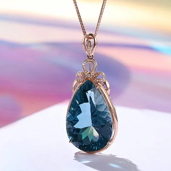 Luxuriöse Halskette mit 6 Karat blauem Saphir-Kristall und Diamant-Anhänger – Roségold-Halskette