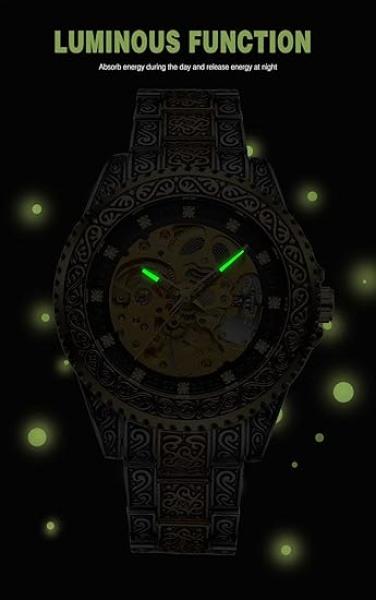 FORSINING Mechanische Herrenuhr, wasserdicht, graviert, Skelett-Automatikwerk, Edelstahl, Armband