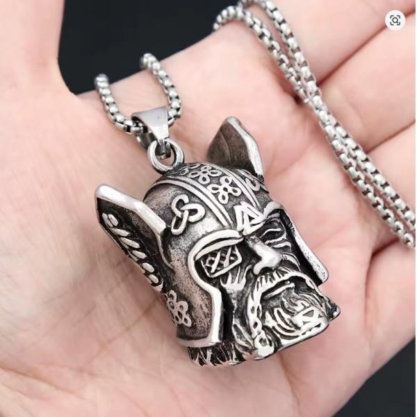 Vintage Edelstahl-Anhänger mit einäugigem Wikinger-Krieger, Glocke, Punk-Halskette mit antikem Kriegerhelm, Amulett