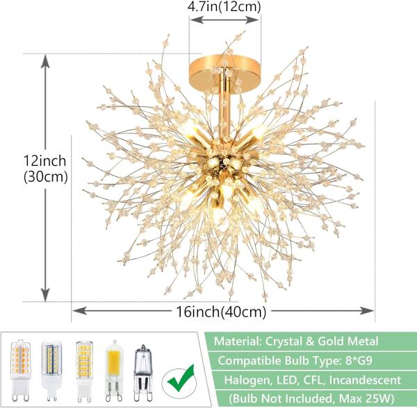 Moderne Kristall-Deckenleuchte, Kristall-Kronleuchter „Feuerwerk“, 8-flammige goldene Deckenleuchte, dimmbare Pendelleuchte, Kristalllampe für Wohnzimmer, Schlafzimmer, Esszimmer, Küche, Flur [Energieklasse F]