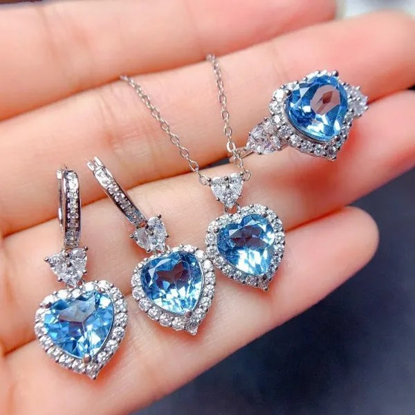 Charmantes Herz-Schmuckset mit meerblauem Saphir – Ring, Ohrringe und Halskette für Damen