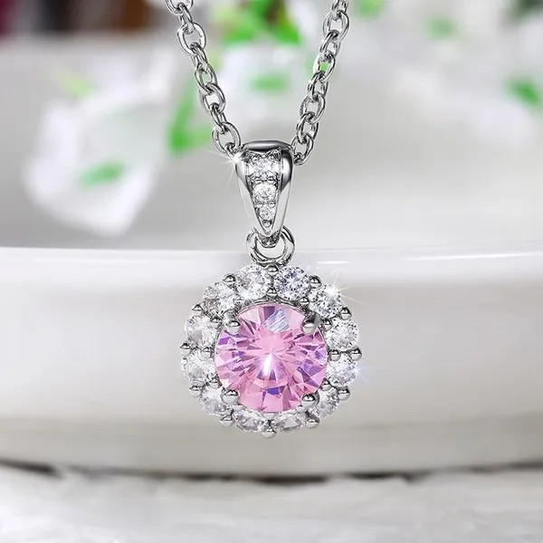 Romantische Halskette mit rosa Kristallanhänger – versilberte Schlüsselbeinkette für Damen