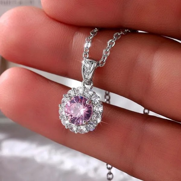 Romantische Halskette mit rosa Kristallanhänger – versilberte Schlüsselbeinkette für Damen